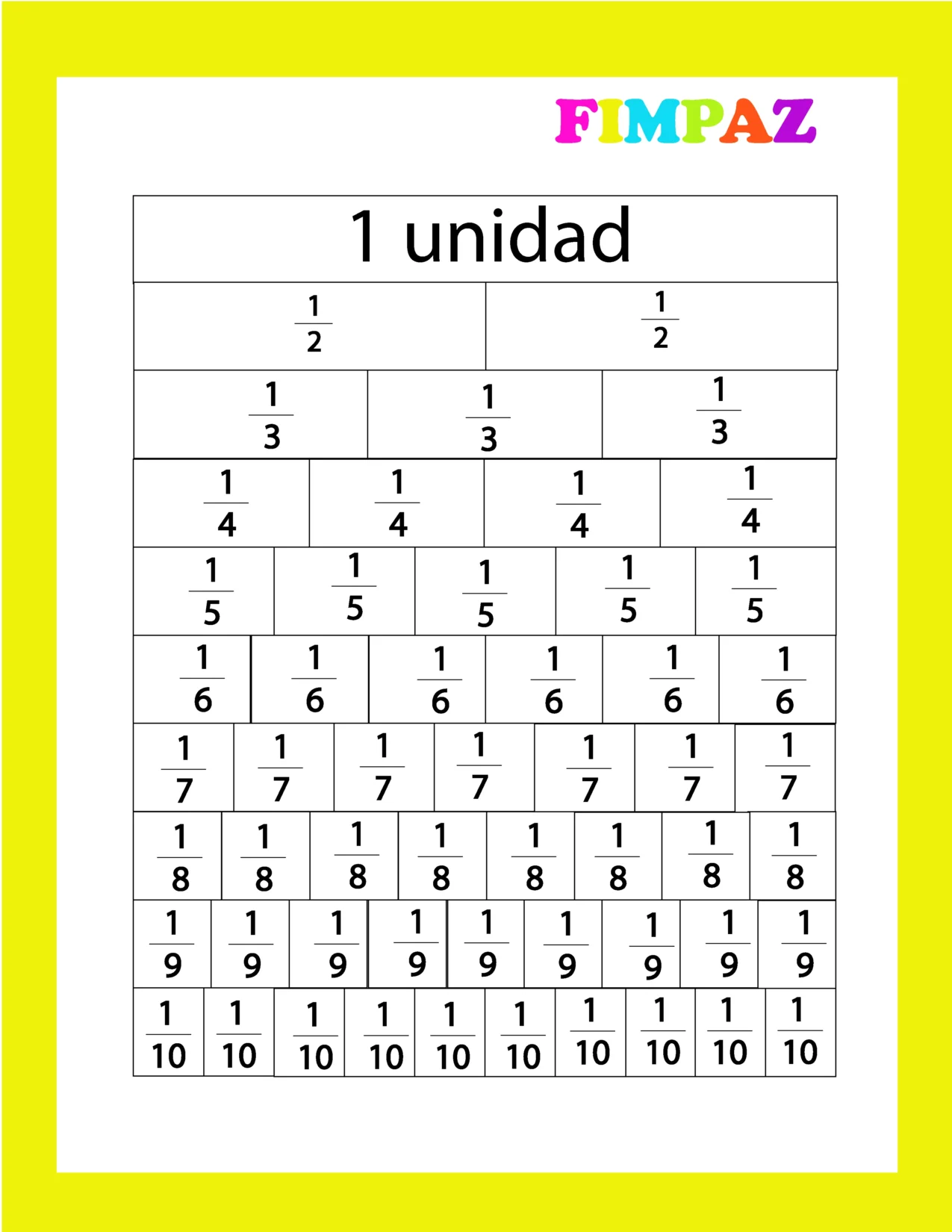 Plantillas listas para imprimir de regletas de fracciones para colorear