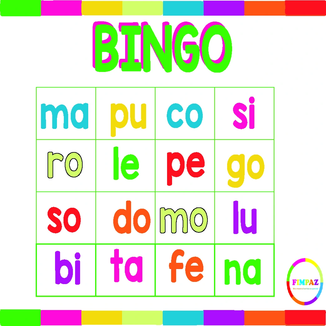 Bingo de sílabas para imprimir en PDF. Juego didáctico con sílabas directas, ideal para enseñar lectoescritura de forma divertida en el aula o en casa.