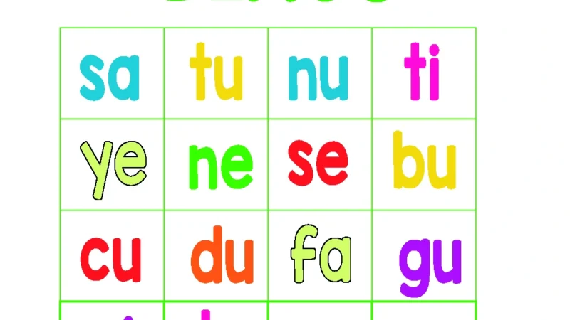 Imagen colorida de un bingo de sílabas. Actividad educativa para reforzar la lectura en niños de preescolar y primaria.