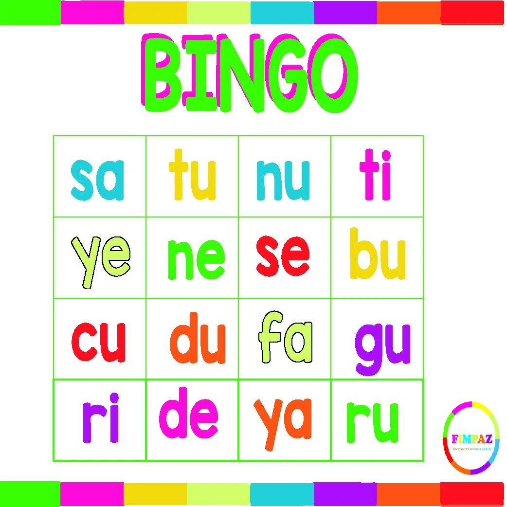 actividad de bingo de sílabas con casillas llenas de sílabas en diferentes colores. Recurso lúdico para estimular la conciencia fonológica en niños.