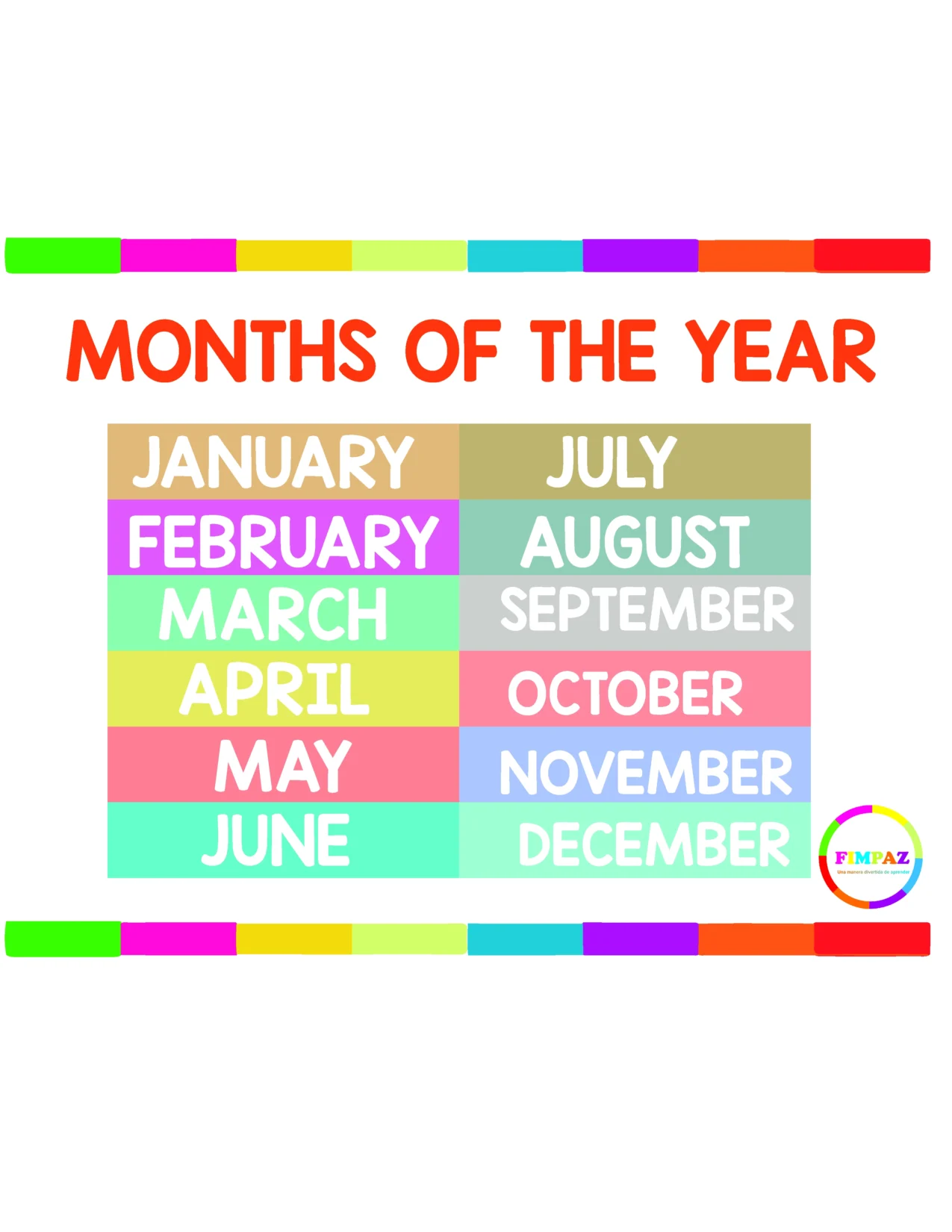 Carteles coloridos con los meses del año en inglés para imprimir PDF y decorar el aula.
