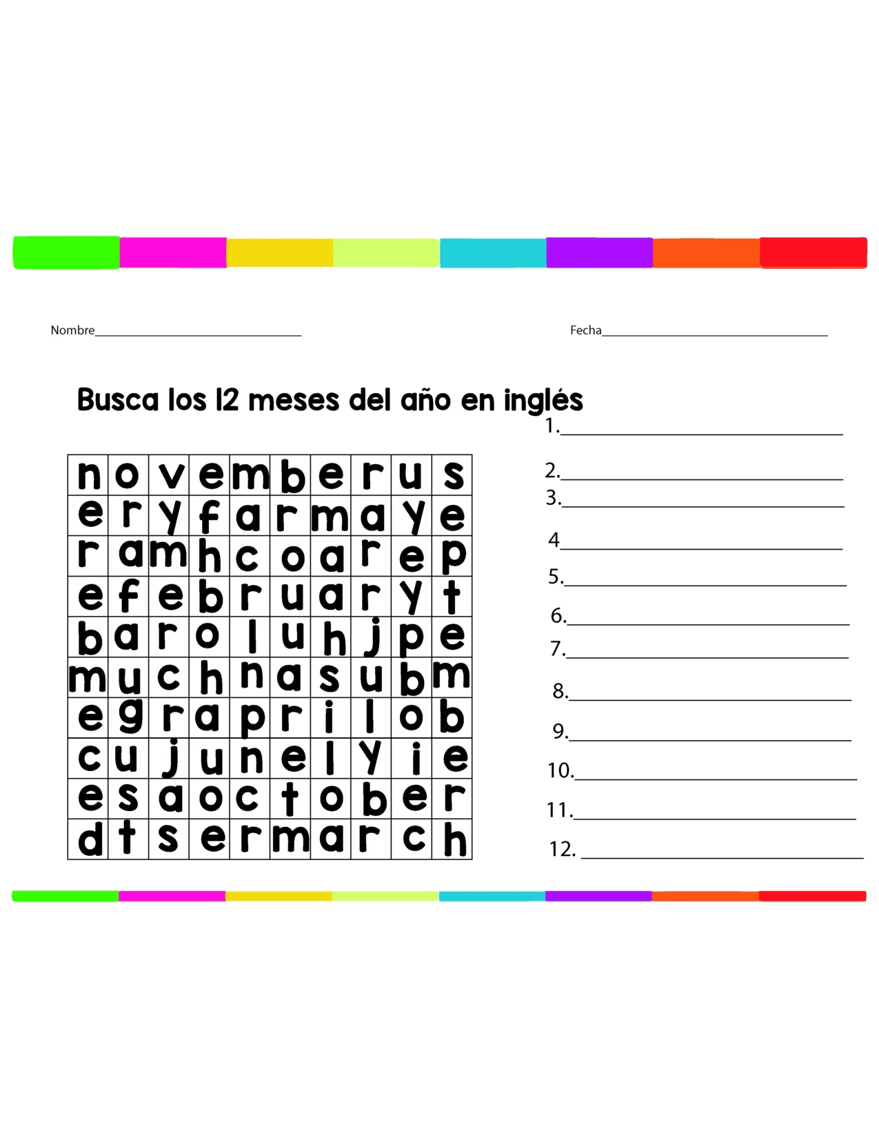 Hoja educativa con los meses del año en inglés para imprimir PDF, ideal para niños de primaria.