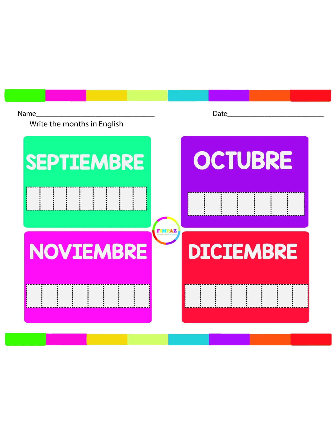 Ficha didáctica con los nombres de los meses del año en inglés para descargar e imprimir en formato PDF.