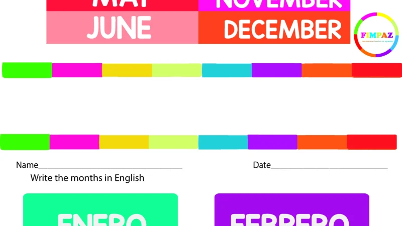 Ficha didáctica con los nombres de los meses del año en inglés para descargar e imprimir en formato PDF.