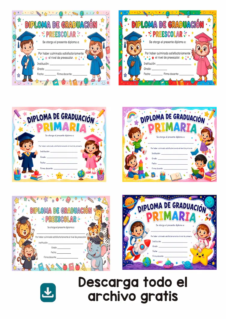 Diplomas de Graduación para Niños de Preescolar y Primaria para Imprimir Gratis en PDF