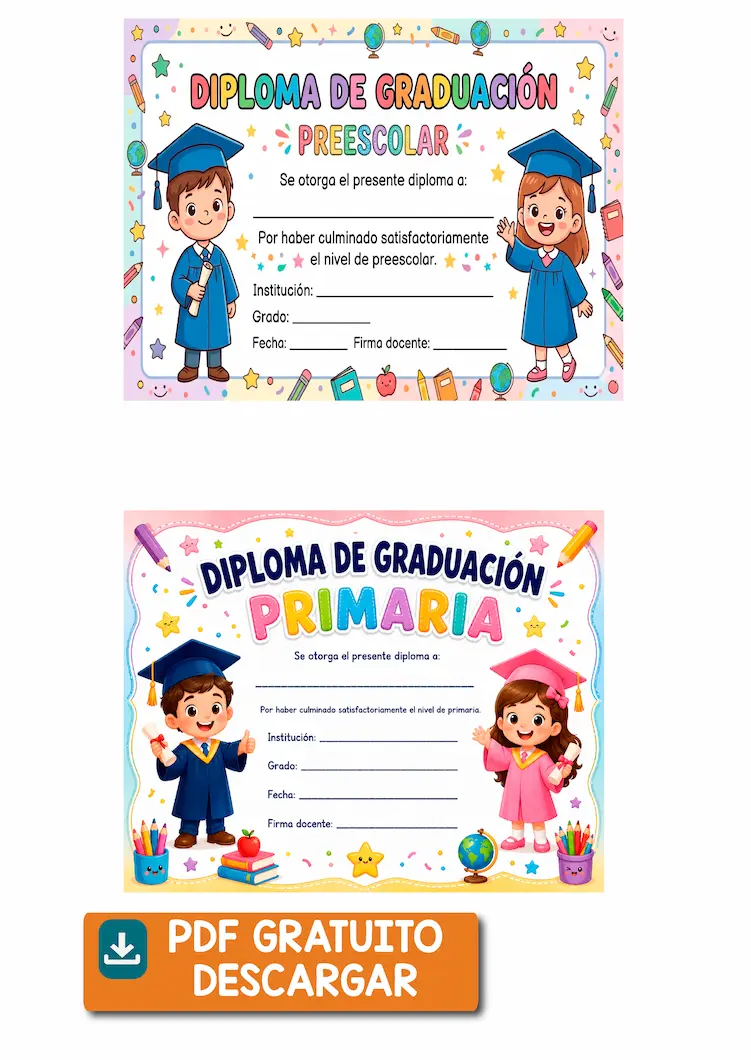 Diplomas de Graduación para Niños de Preescolar y Primaria para Imprimir Gratis en PDF