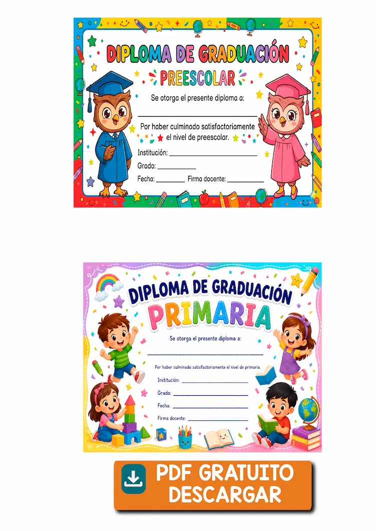 Diplomas de Graduación para Niños de Preescolar y Primaria para Imprimir Gratis en PDF
