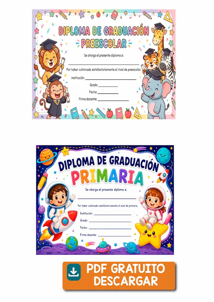 Diplomas de Graduación para Niños de Preescolar y Primaria para Imprimir Gratis en PDF