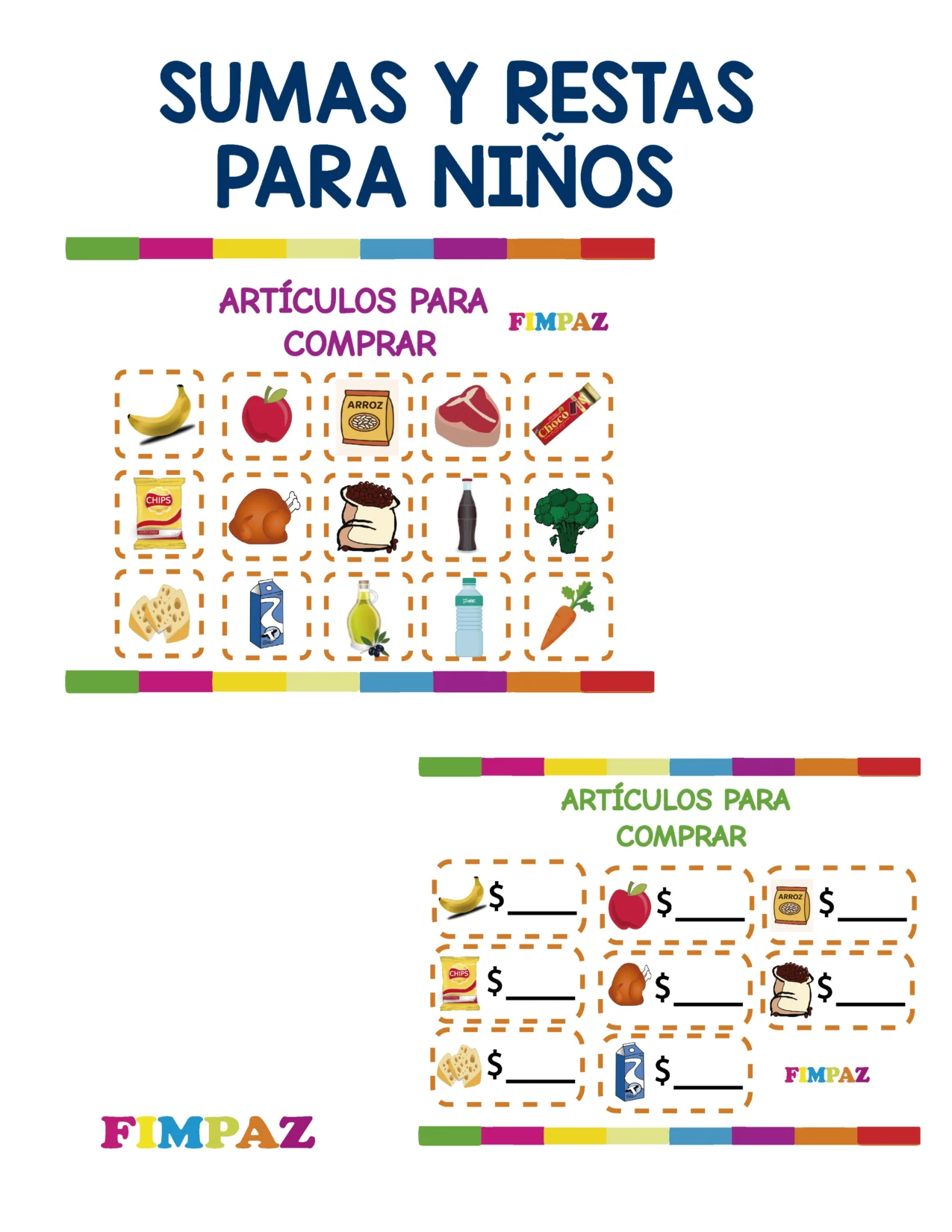 Hoja de artículos recortables: frutas y alimentos para la tiendita