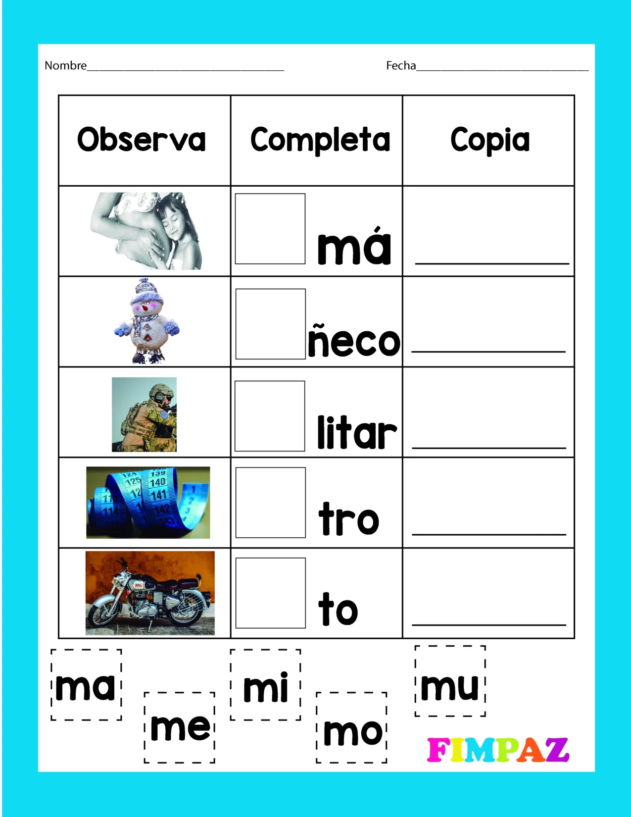 Formar palabras con silabas ma me mi mo mu