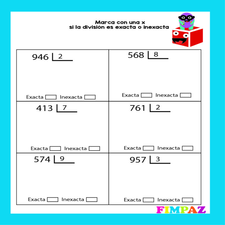 957Exacta Inexacta 3574Exacta Inexacta 9761Exacta Inexacta 2413Exacta Inexacta 7568Exacta Inexacta 8946Exacta Inexacta 2Marca con una x si la división es exacta o inexacta