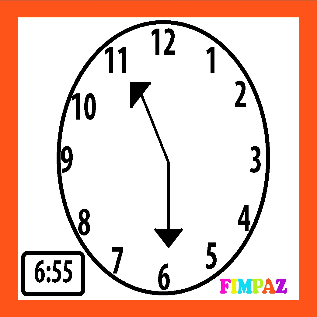 "Reloj para imprimir con fondo blanco y marco naranja, mostrando la hora 6:55 con manecillas grandes, ideal para actividades escolares."