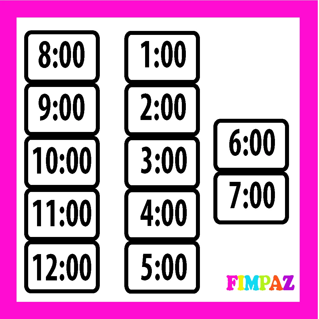 Tarjetas con horas en punto, desde las 8:00 hasta las 7:00, diseñadas para complementar actividades educativas con reloj para imprimir.