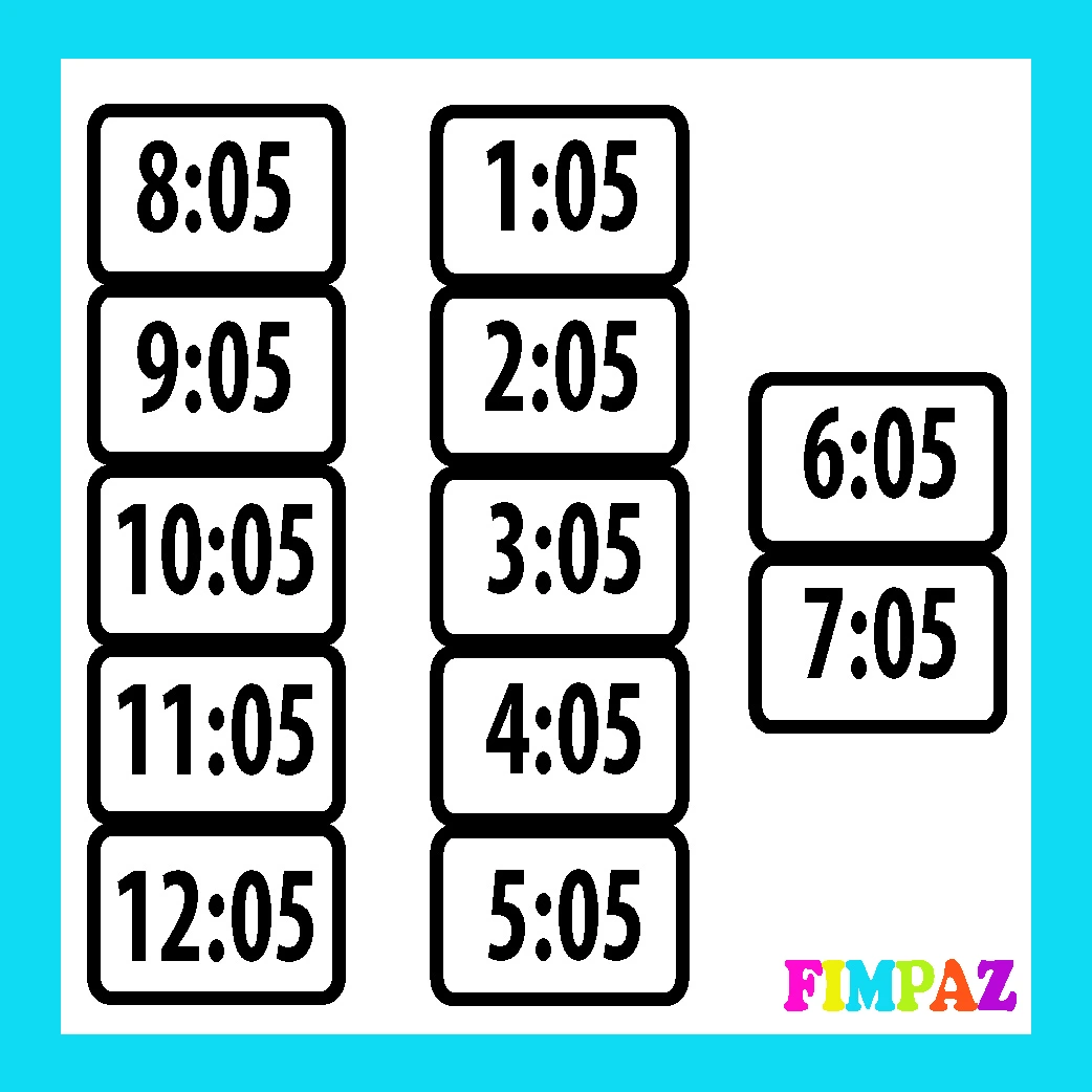 Tarjetas de reloj para imprimir con horas y cinco minutos, como 8:05, 9:05 y 1:05, útiles para enseñar la lectura del reloj