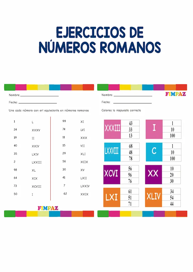 Ficha de ejercicios de números romanos para niños: colorea la opción correcta.
