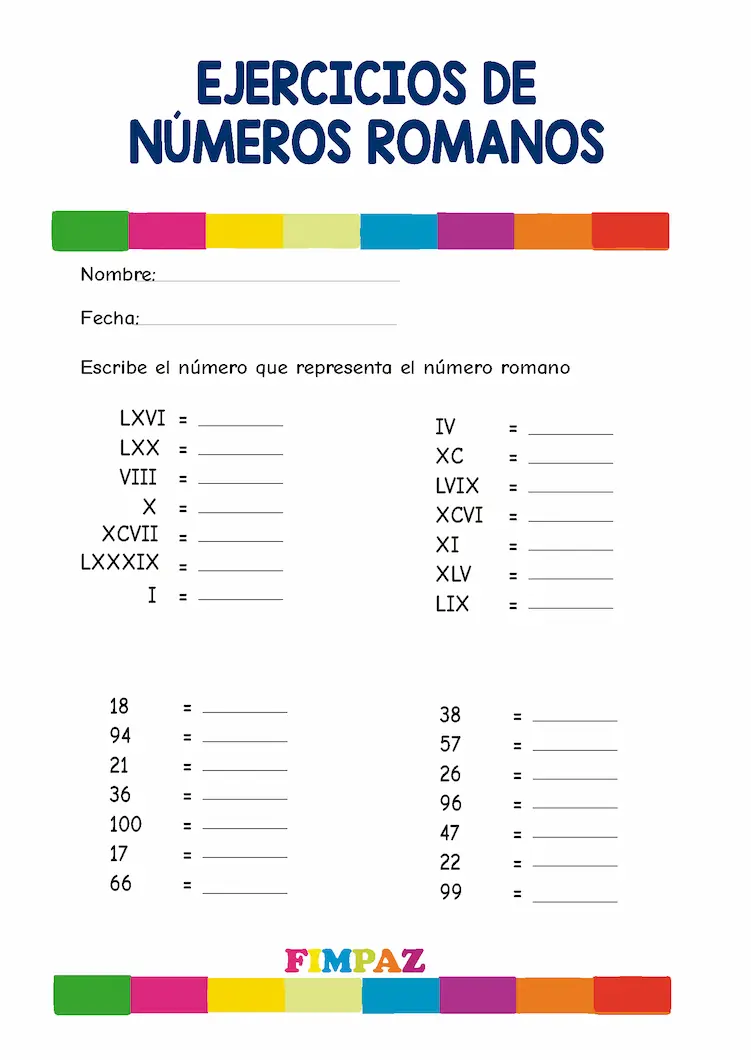 Hoja de trabajo de números romanos para escribir el número decimal correspondiente, material educativo gratis.