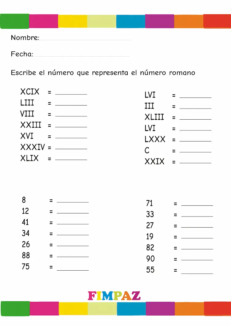 hoja de trabajo de numeros romanos del 1 al 100