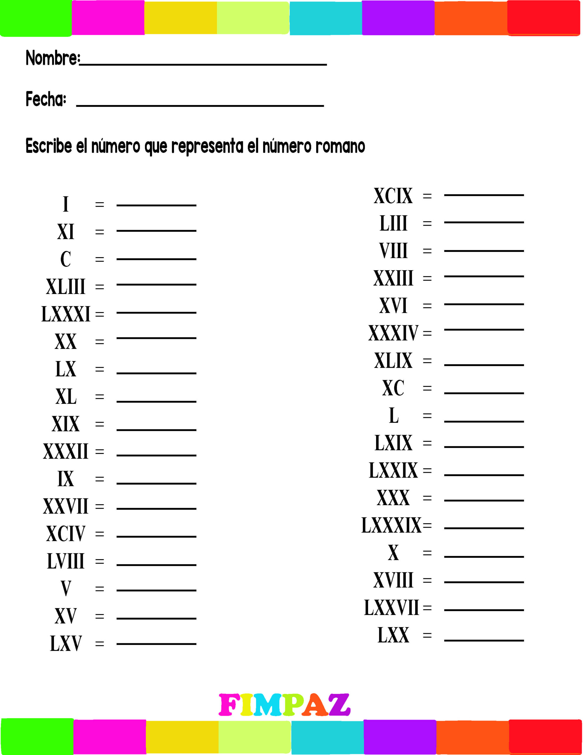 NÚMEROS ROMANOS DEL 1 AL 100