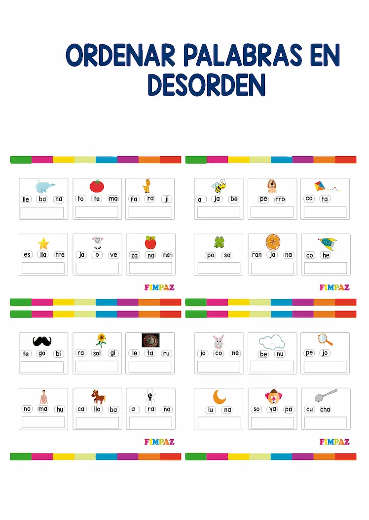 Ejercicios de lectoescritura para acomodar palabras en desorden con dibujos de animales y objetoS