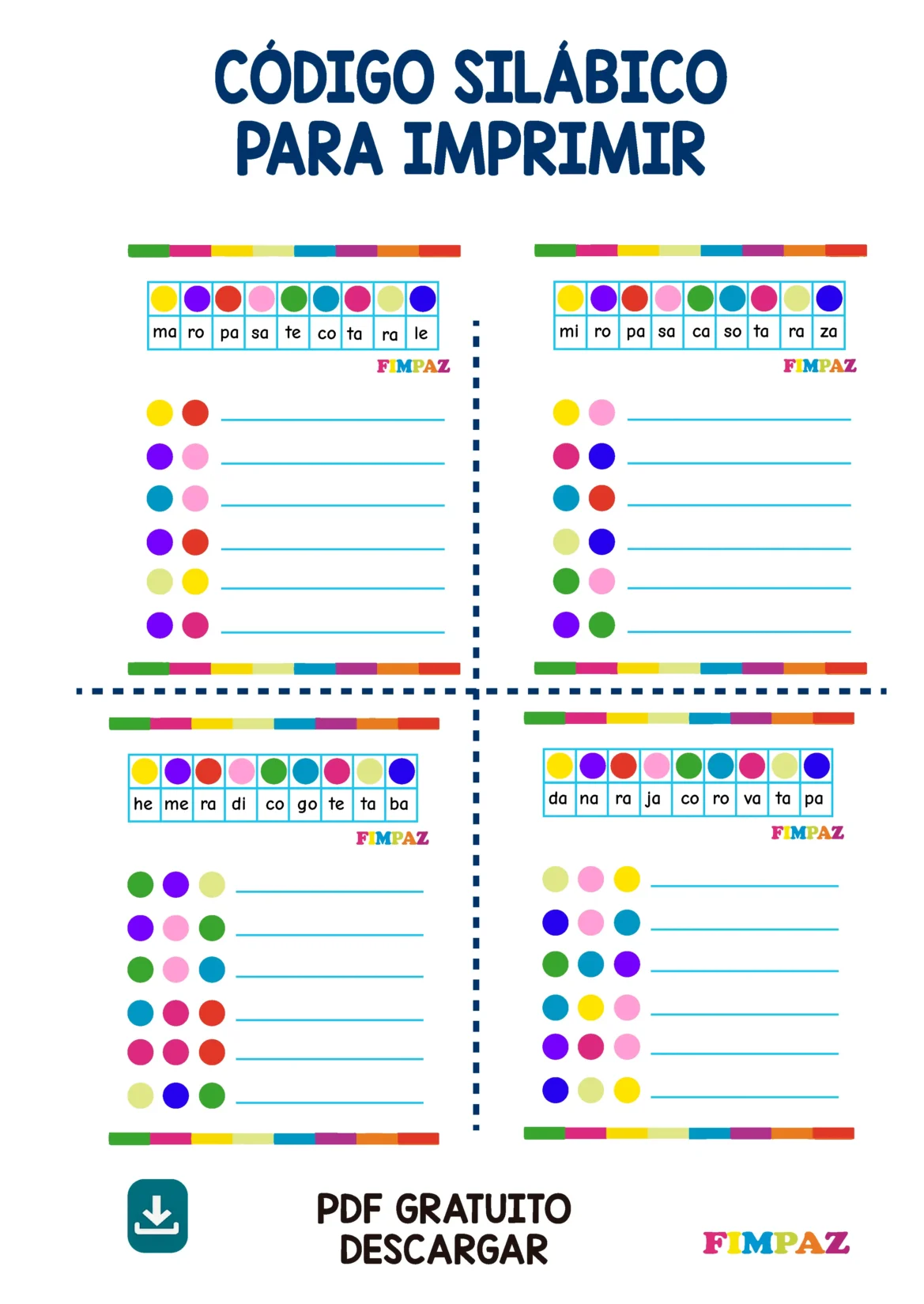 Ficha educativa de Fimpaz con código silábico para imprimir: actividad de lectoescritura con colores para niños de primaria.