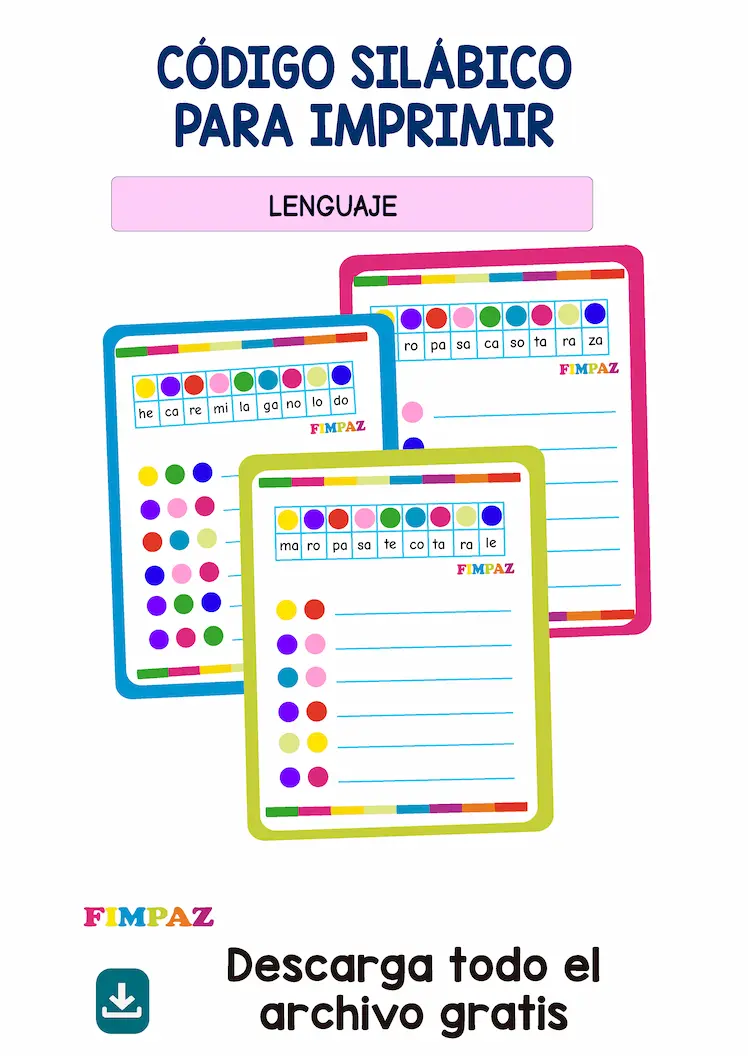 Cuadernillo en PDF de código silábico para imprimir: incluye ejercicios para descifrar palabras usando una leyenda de colores.
