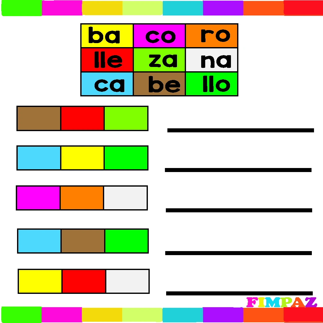 Ejercicio de código silábico para imprimir con sílabas organizadas por colores