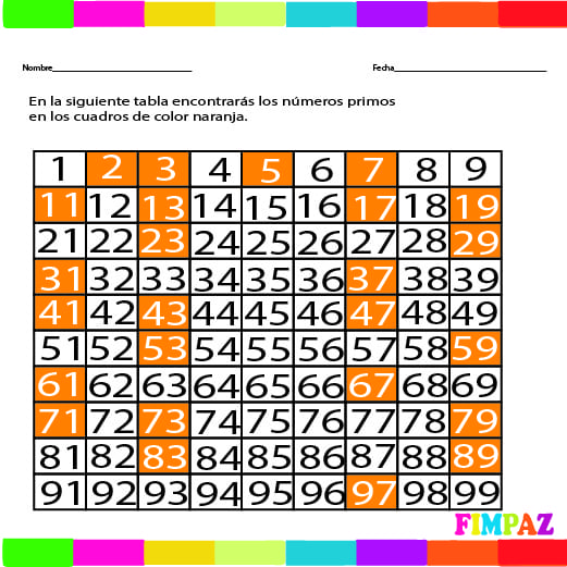 Archivo de PDF descargable para trabjar los numeros primos del 1 al 100