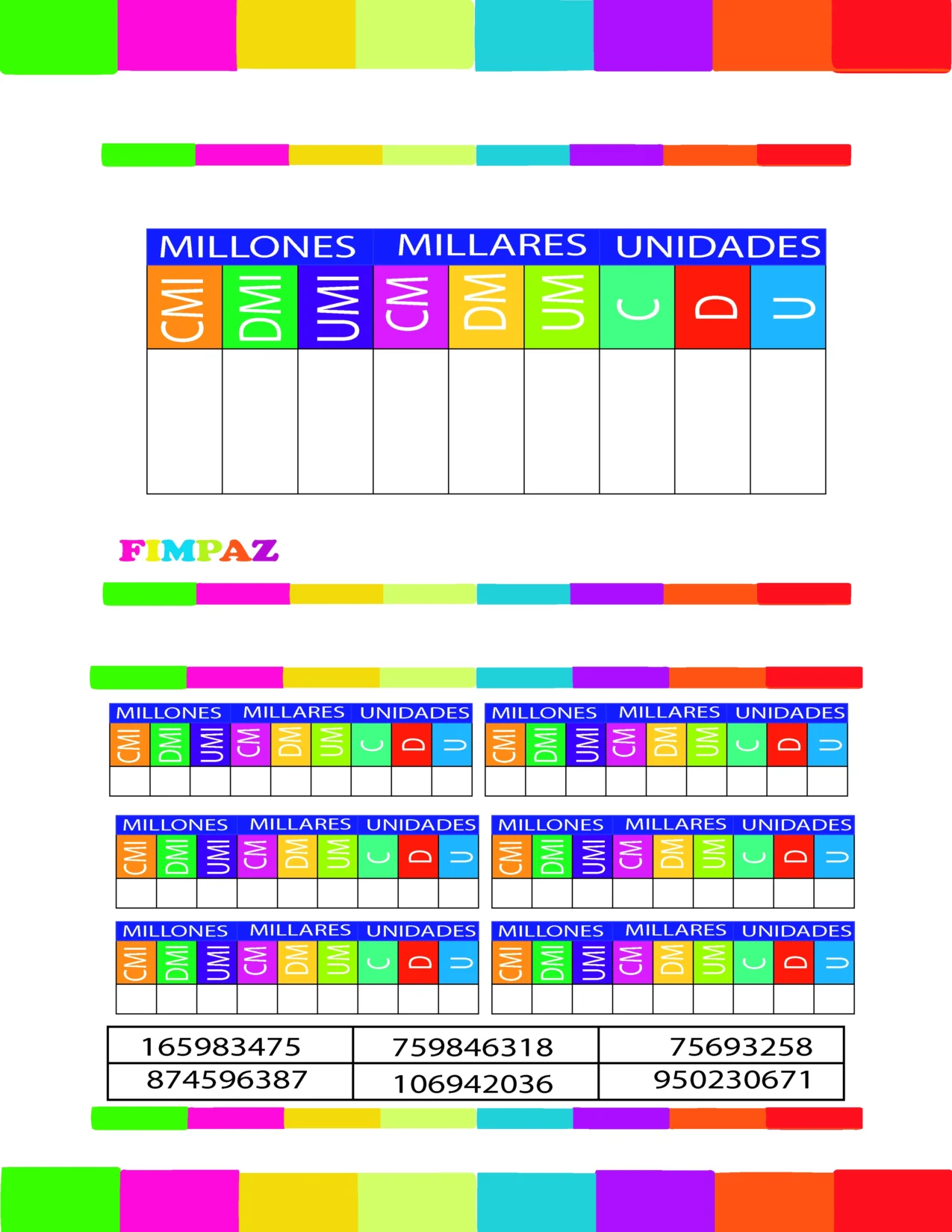 tablero de valor posicional para imprimir
