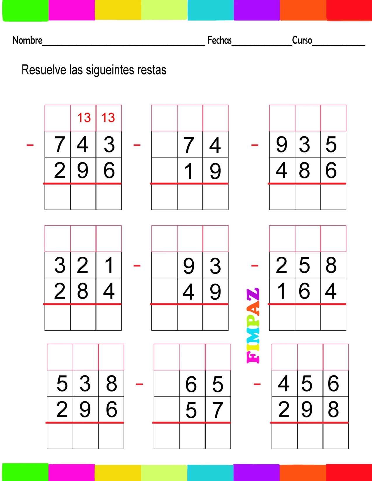 Pdf para trabajar las restas prestando