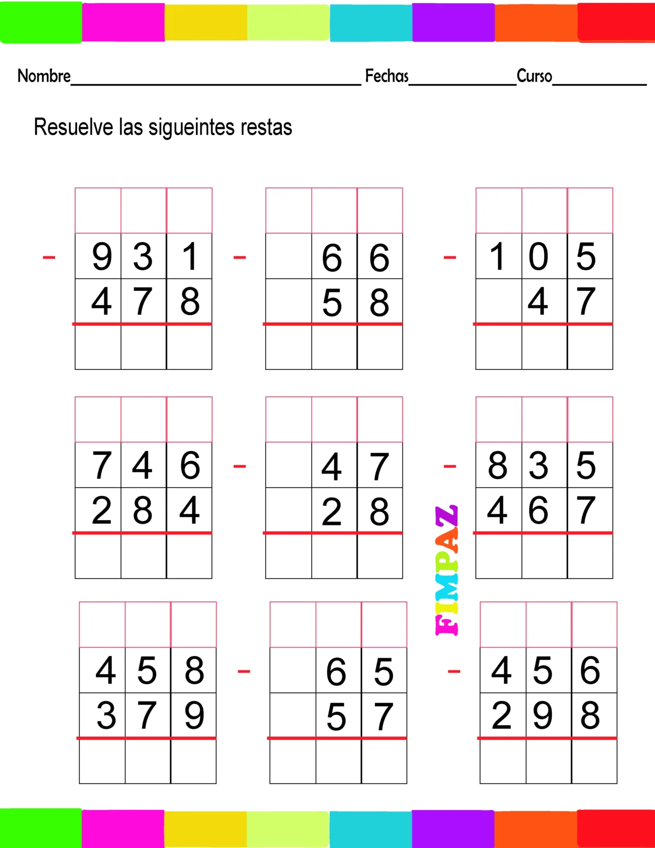 Fichas de trabajo de restas prestando