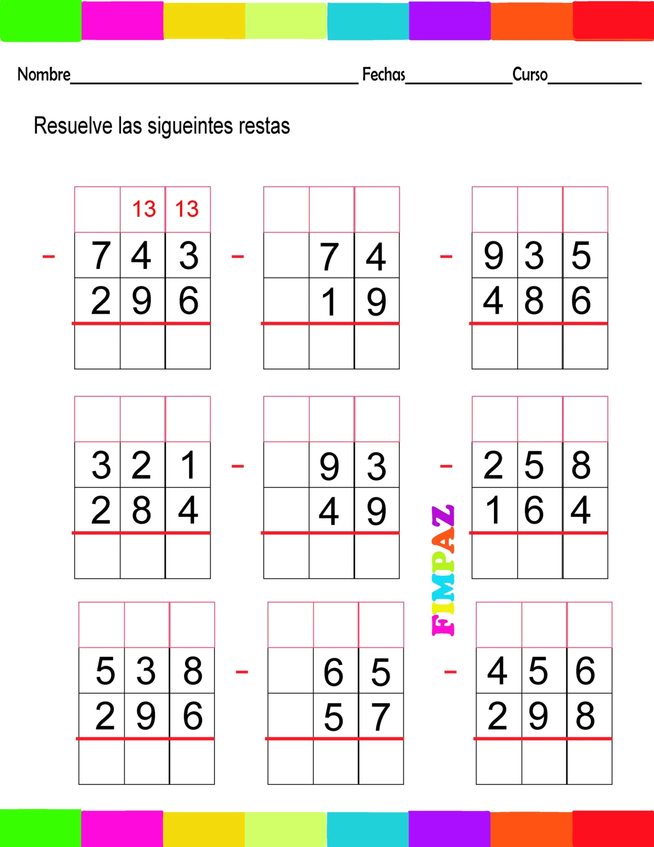 Ejercicios con restas prestando