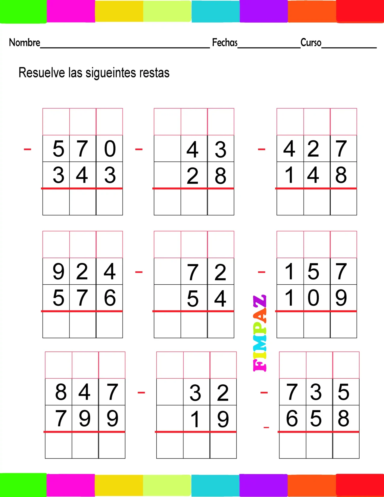 Hoja de ejercicios en PDF con problemas de restas prestando para primaria.