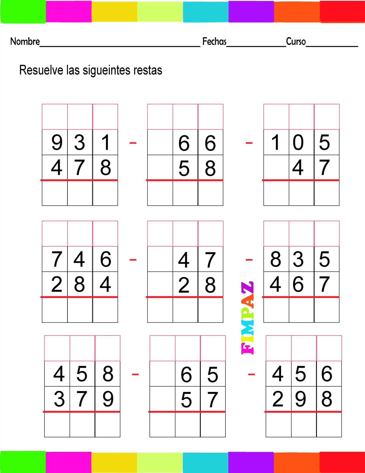 Material didáctico en PDF con restas prestando para estudiantes de nivel básico.
