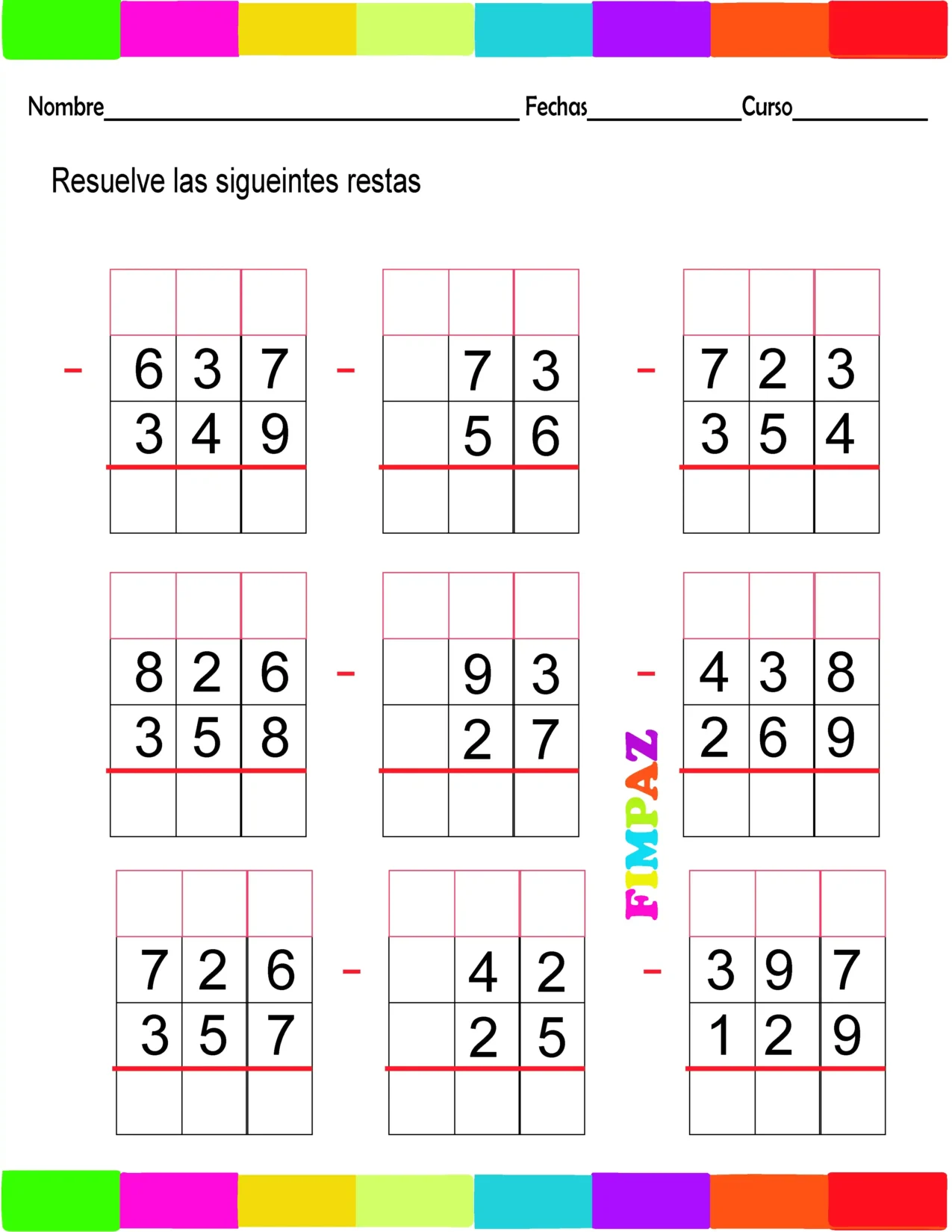 Ejercicios imprimibles de restas prestando en formato PDF.