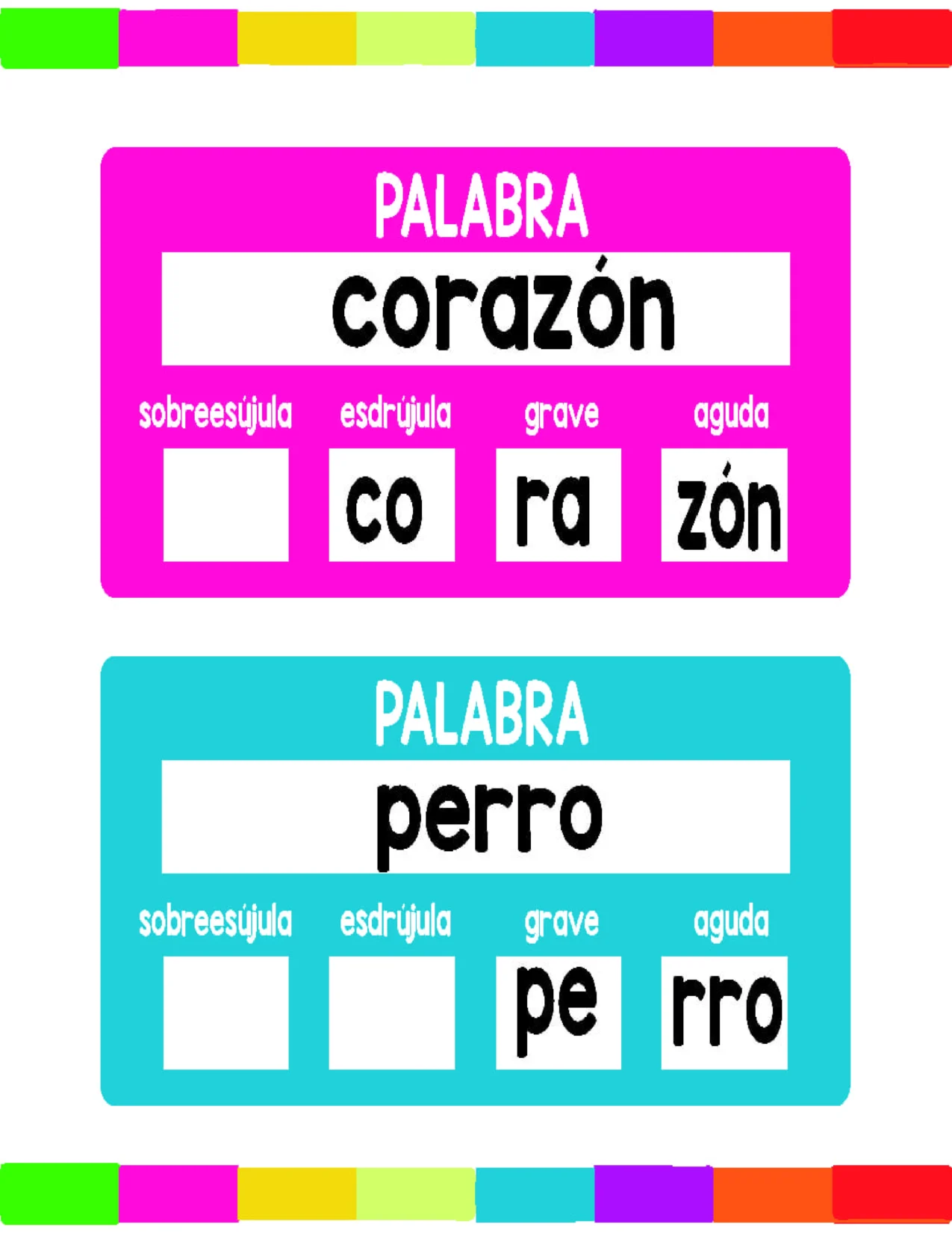 SEPARADOR DE SILABAS PARA NIÑOS PARA PRACTICAR LAS PALABRAS AGUDAS, GRAVES,ESDRUJULAS Y SOBRE ESDRUJULAS