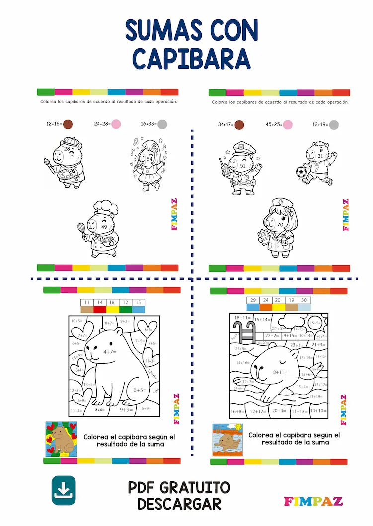 dibujos con sumas para colorear SUMAS CON CAPIBARAS