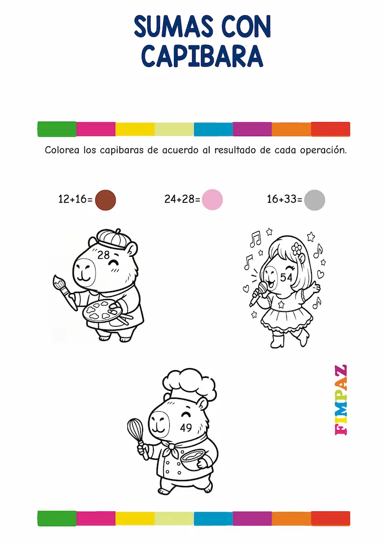 dibujos con sumas para colorear SUMAS CON CAPIBARAS