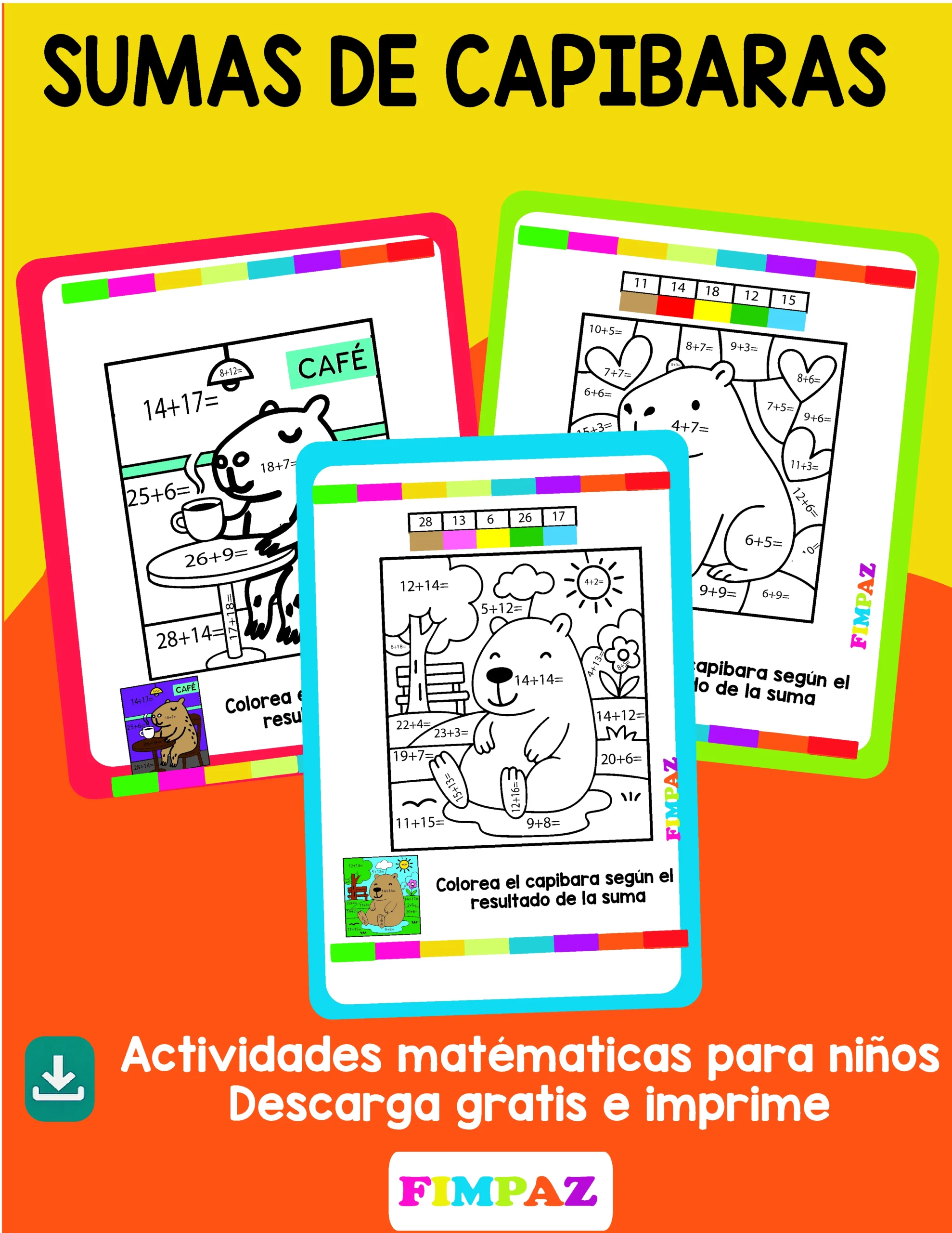 sumas de capibaras para colorear y sumar