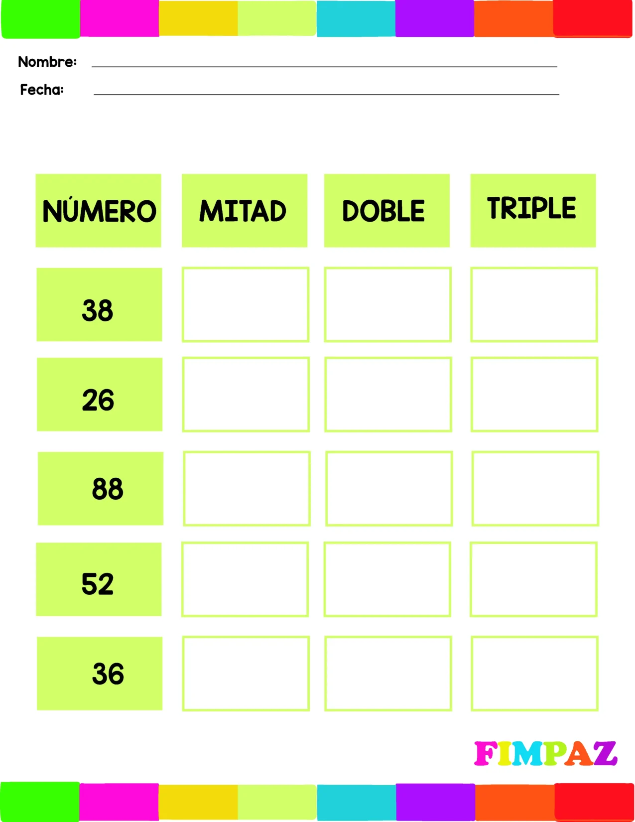 Fichas para trabajar la mitad, boble y triple de un numero