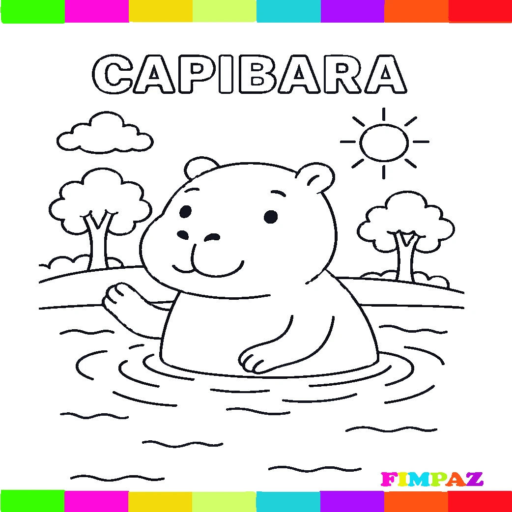 Capibara caricaturesca para colorear, imagen gratuita para actividades infantiles.