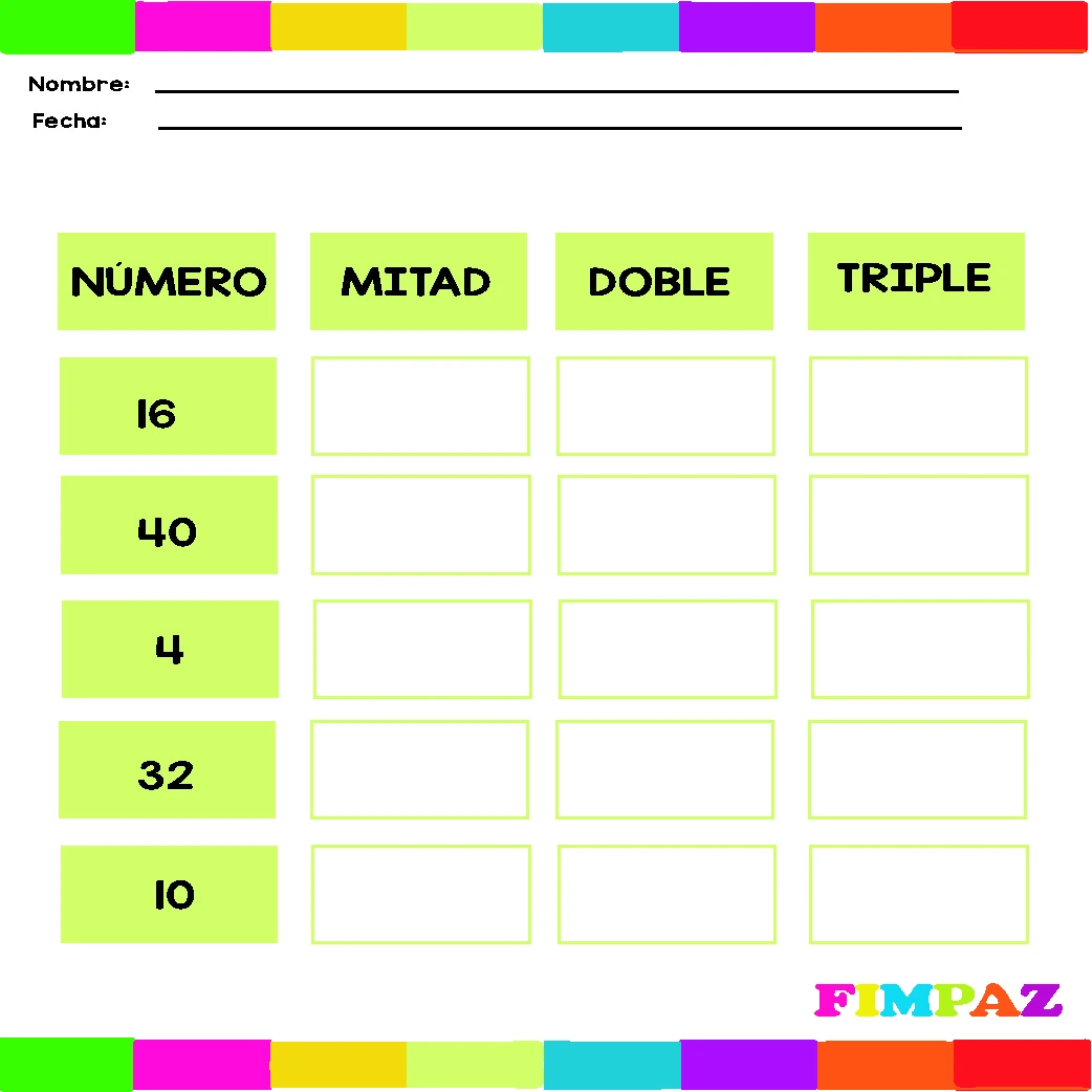 "Ejercicio imprimible para aprender a calcular la mitad, el doble y el triple de números."