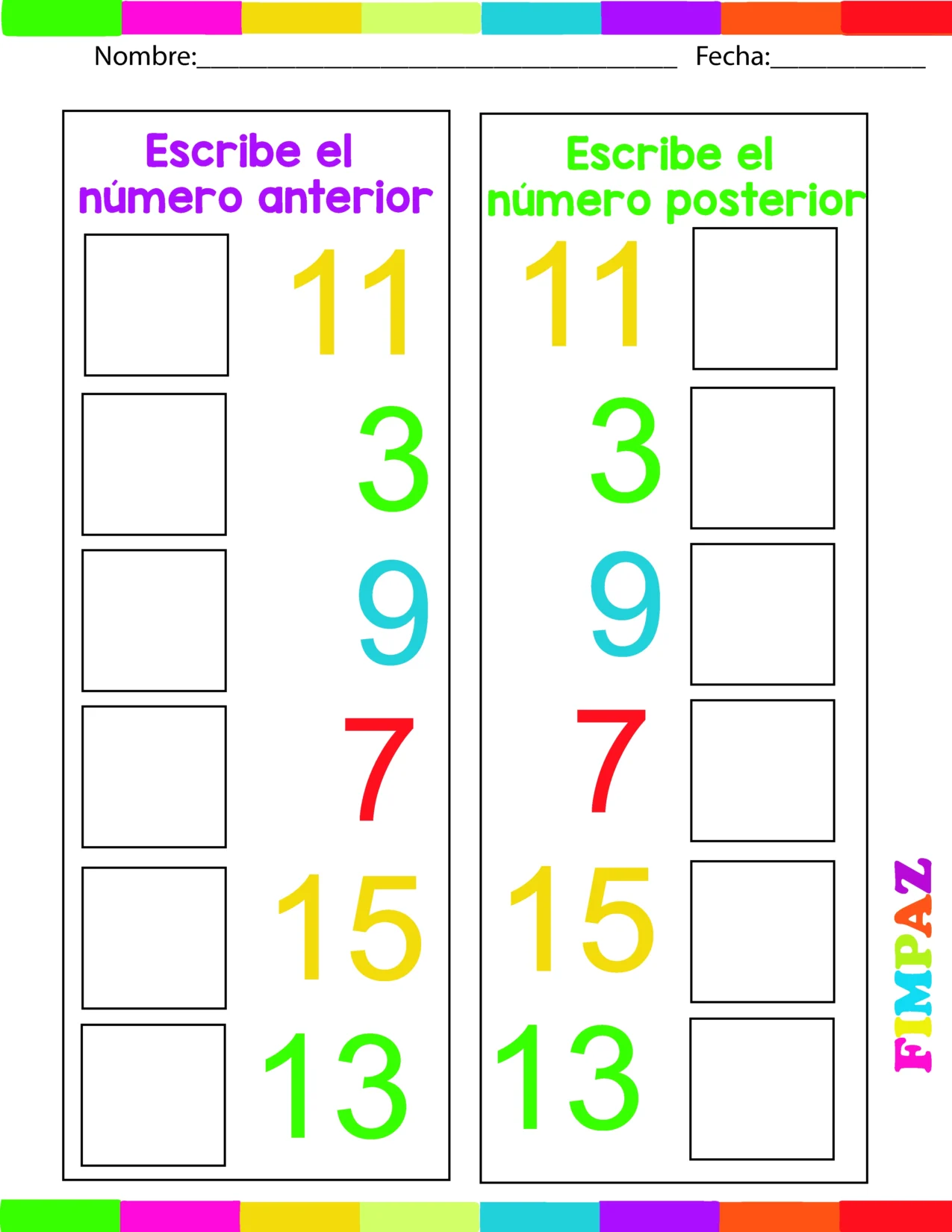FICHA DE TRABAO para los numeros nteriores y posteirores