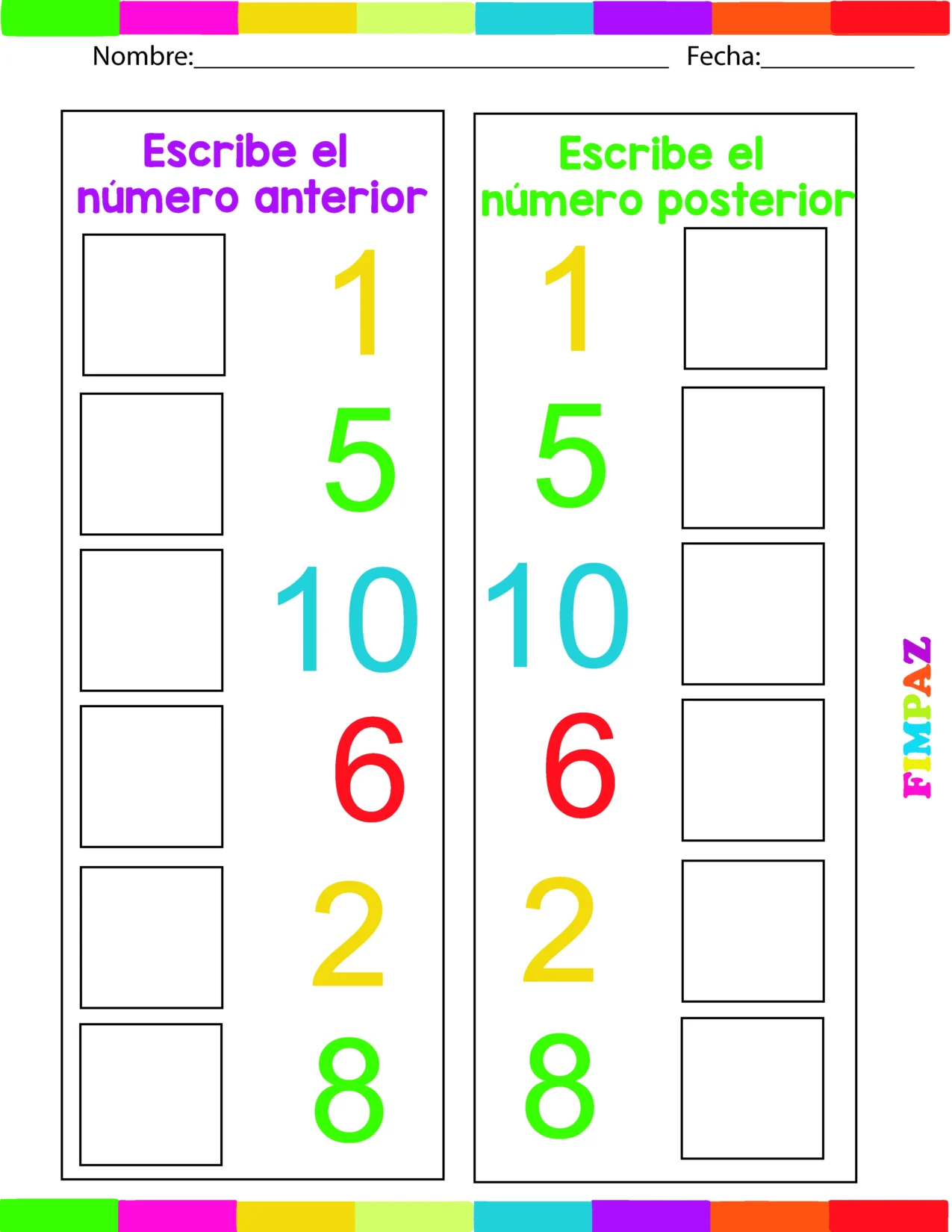 Pdf descargable para trabajar los numeros de 1 al 18 antes y despues