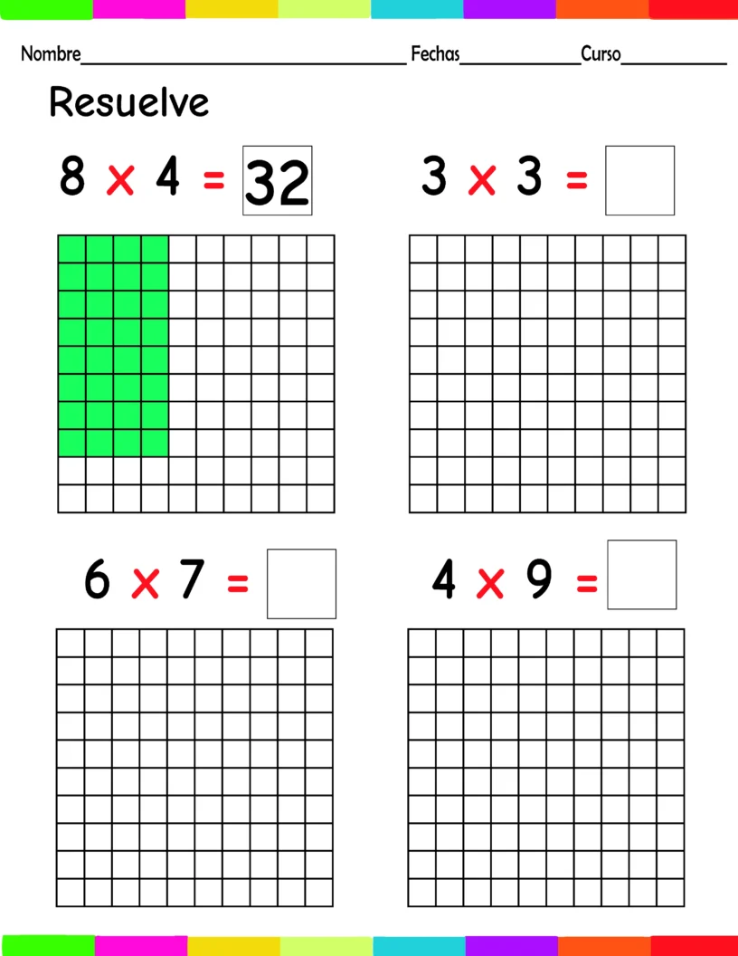 Cuadriculas para aprender las tablas de multiplicación