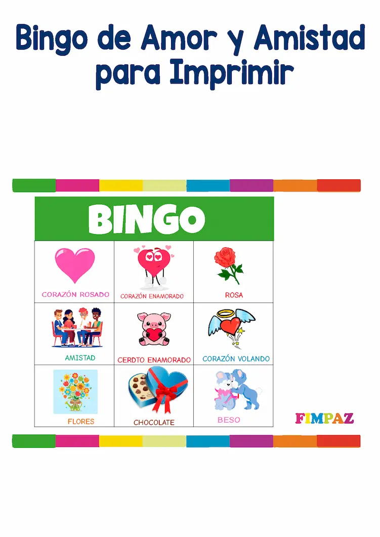 bingo con tematica de  amor y amistad