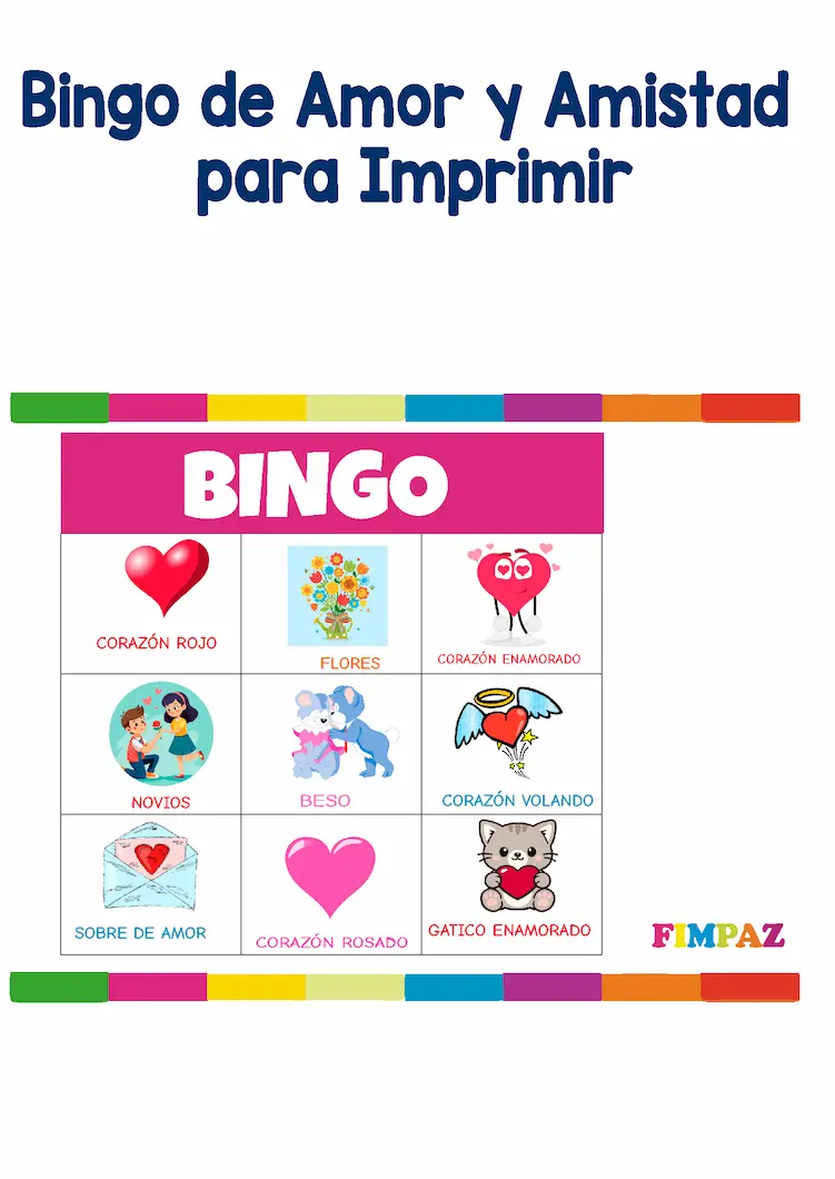 bingo con ilustraciones amor y amistad