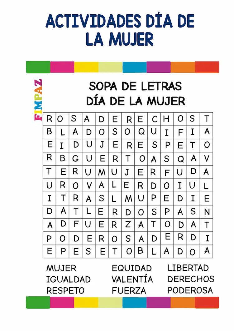 Sopa de letras del Día de la Mujer 8 de marzo para alumnos de primaria