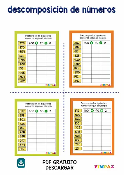 Archivo PDF para trabaajr la descomposiicon de los números en unidades,decenas y centenas 