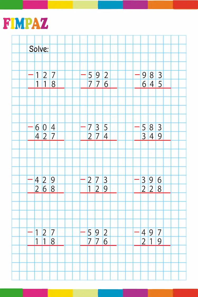 Three-Digit Subtraction Worksheets