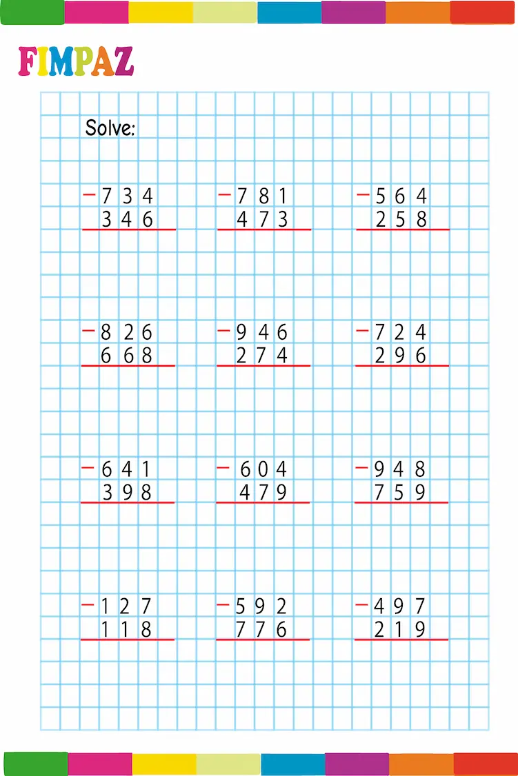 Three-Digit Subtraction Worksheets
